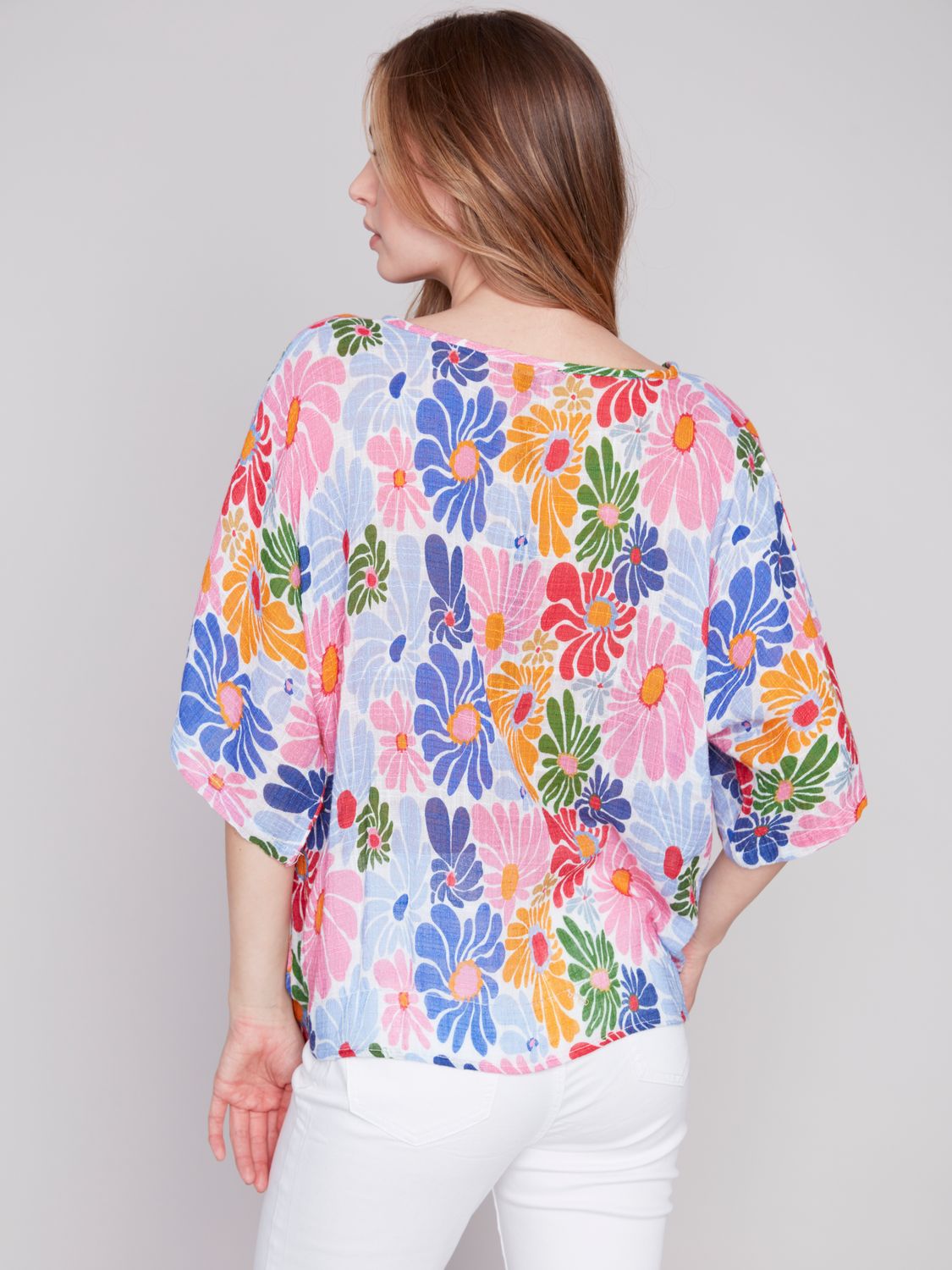 Dolman Sleeve Cotton Blouse With Side Tie C4403YD/274C, Color: Multi, Size: S