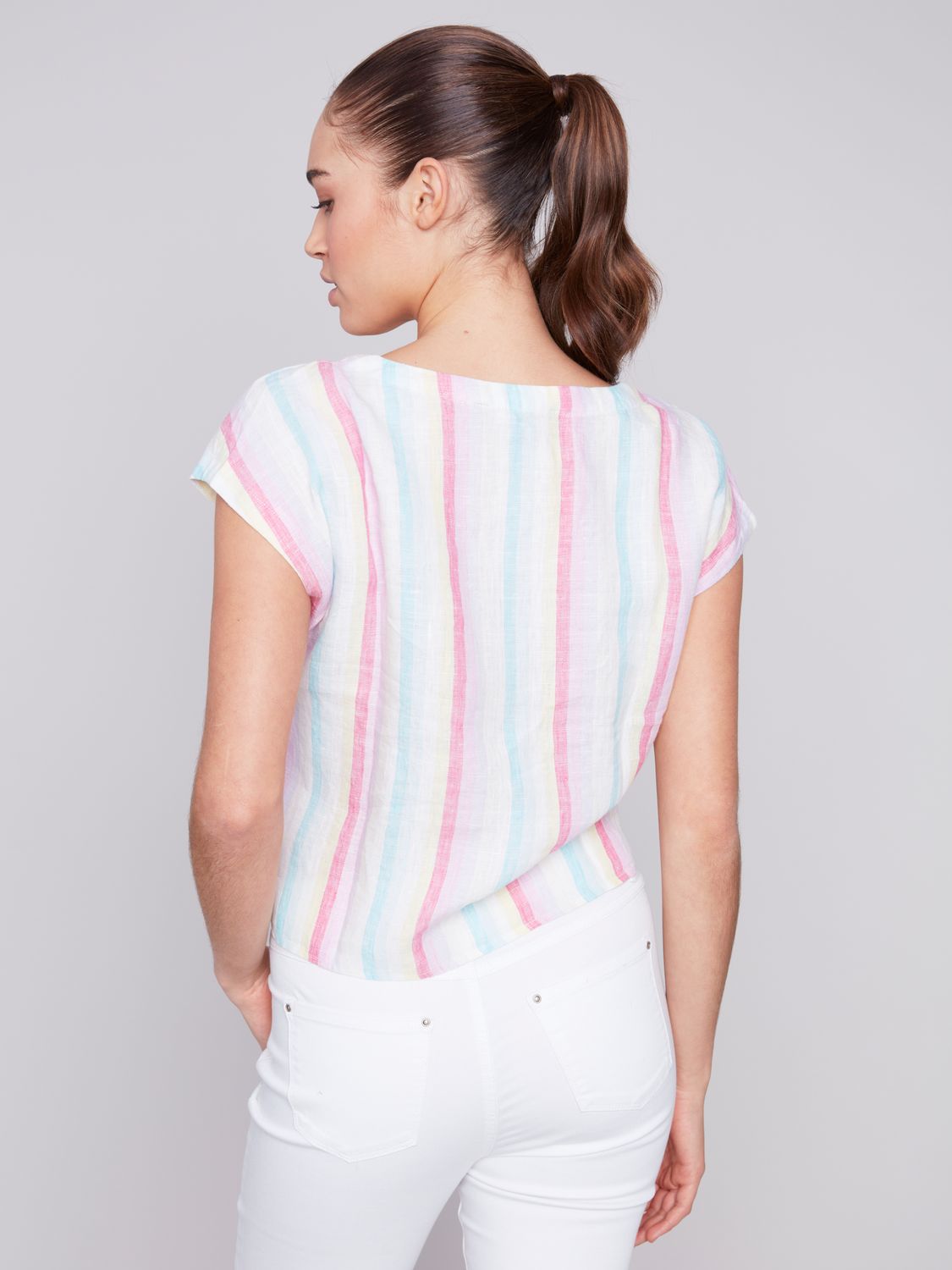 Stripe Cap Sleeve Blouse With Front Tie C4271Y/849B, Color: Lavender, Size: S