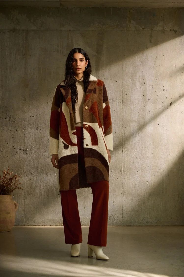 Abstract Print Feather Yarn Sweater Coat 243928 , Color: Cinnamon/Multi, Size: S