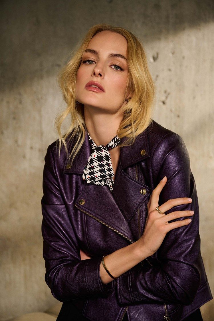Metallic Faux Leather Biker Jacket 234902, Color: Blackcurrant, Size: S