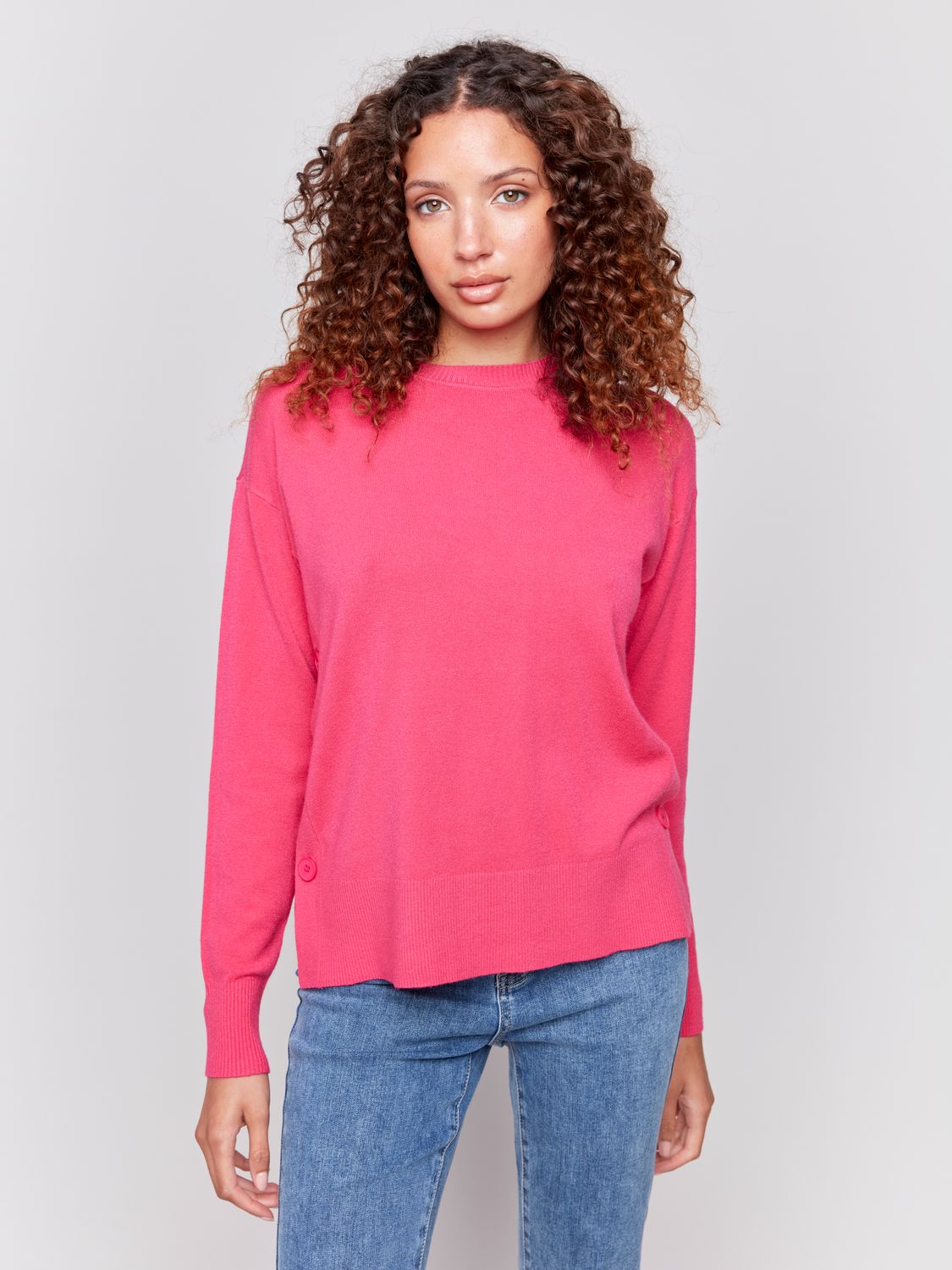 Crew Neck Drop Shoulder W Button Detail C2684-464A, Color: Black 001, Size: XS