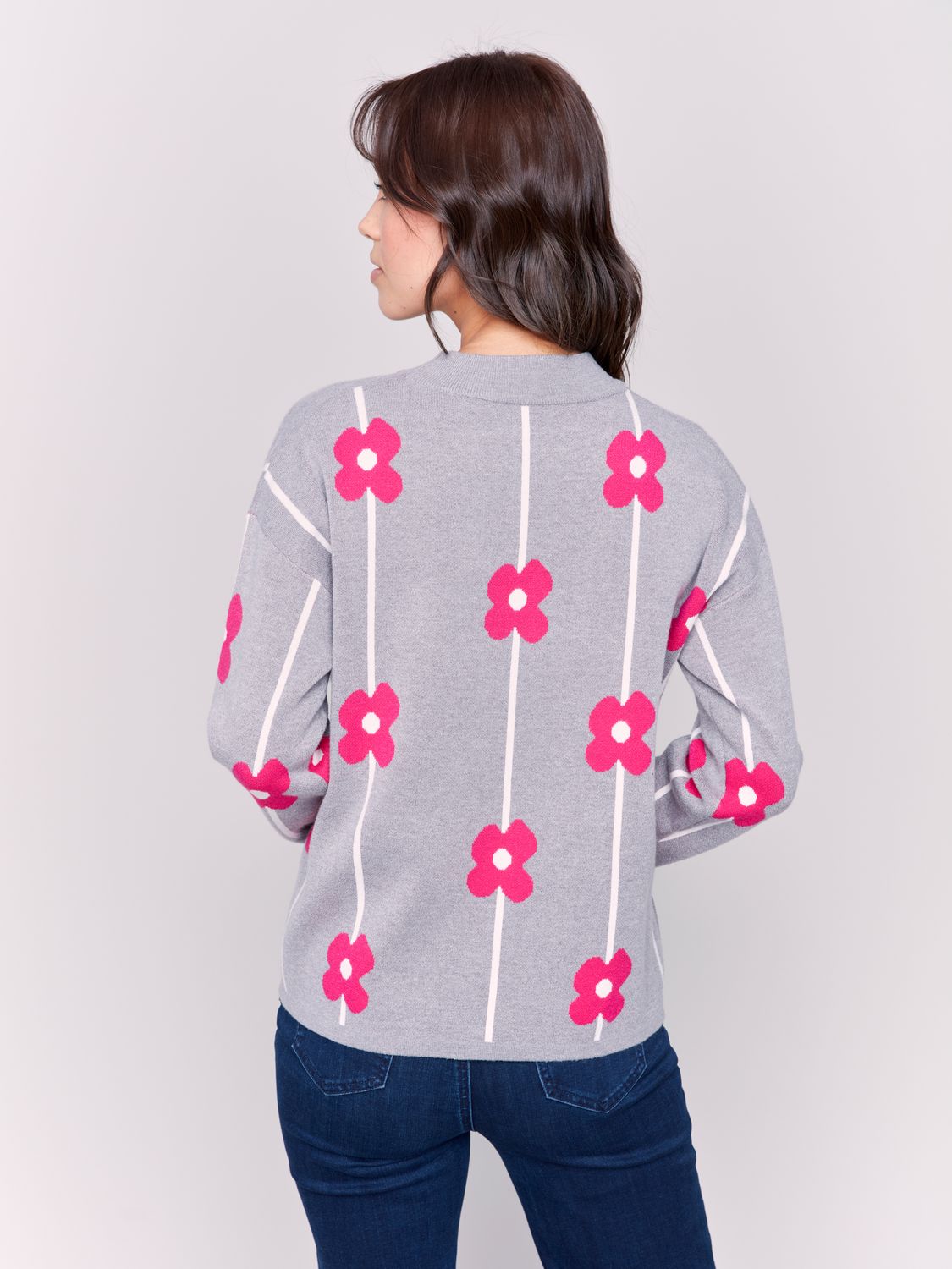 Floral Jacquard Crew Neck Sweater C2738/737B, Color: H Grey, Size: XS