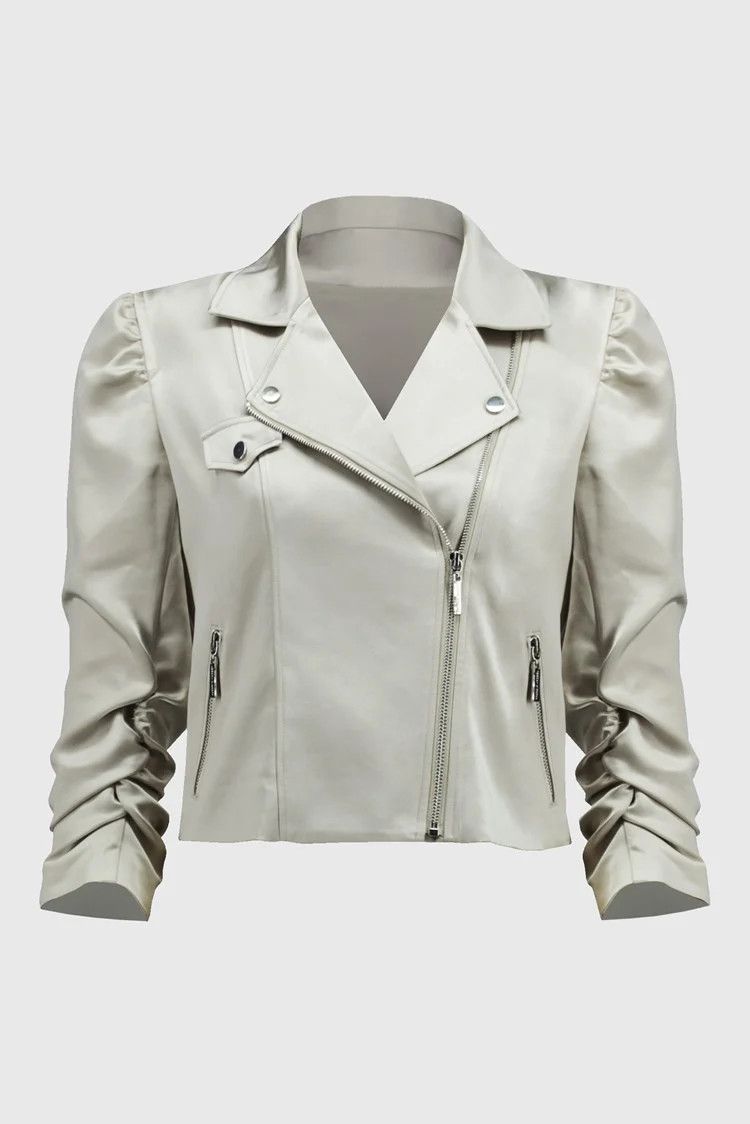 Satin Moto Jacket With Zippers 244903 , Color: Moonstone, Size: S