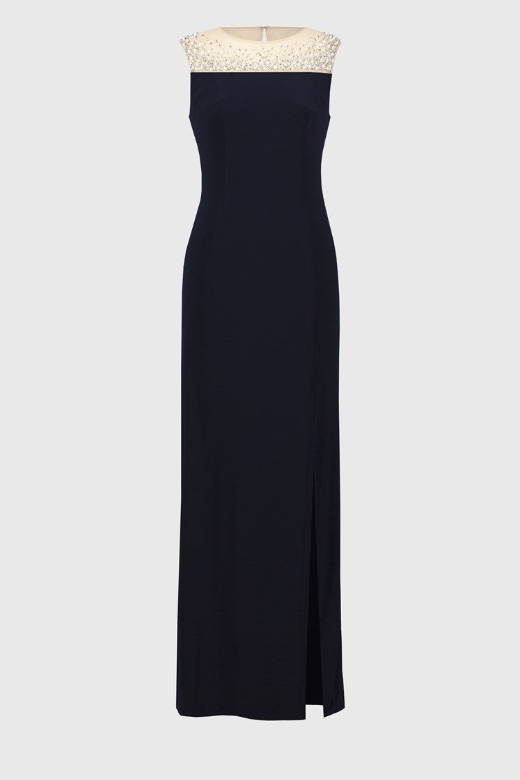 Silky knit and Mesh Sleeveless Gown  251713, Color: Midnight Blue, Size: 8