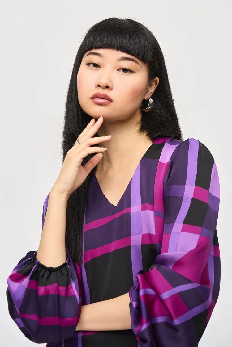 Satin Abstract Plaid Print Top 243058 T, Color: Purple/Black, Size: 8