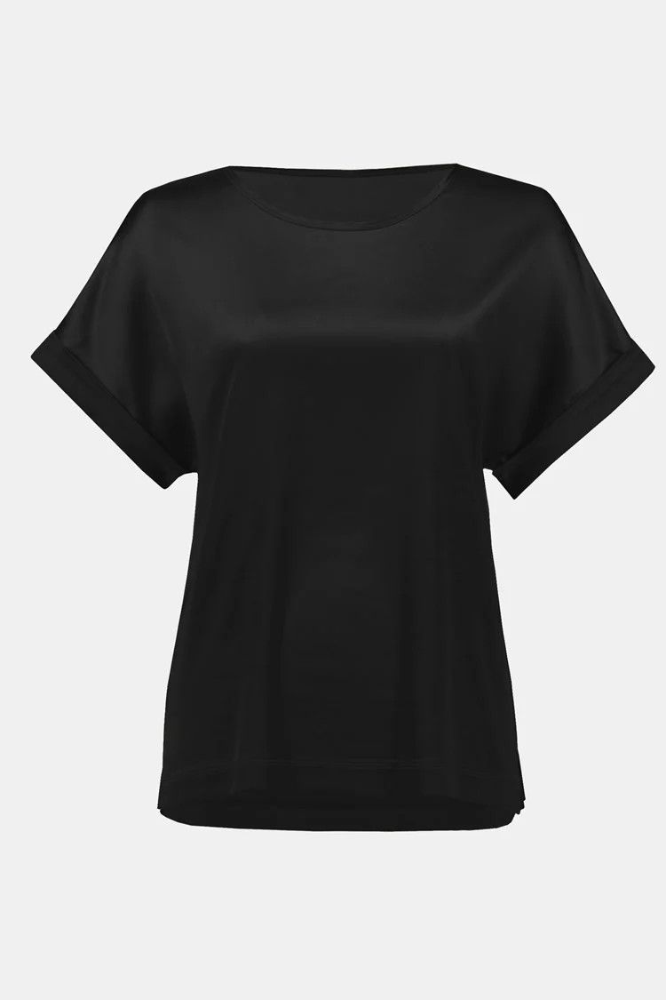 Satin Front Short Sleeve Top 243912 T, Color: Black, Size: S