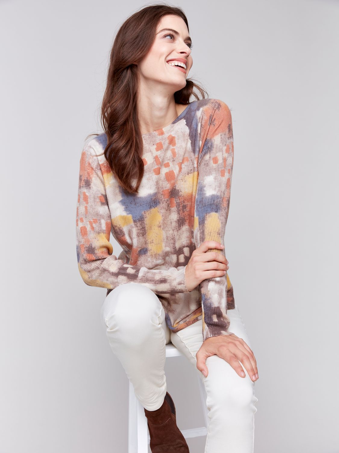 Printed Round Hem Sweater W Front Pockets C2170WP/464A, Color: Cranberry P041, Size: XS