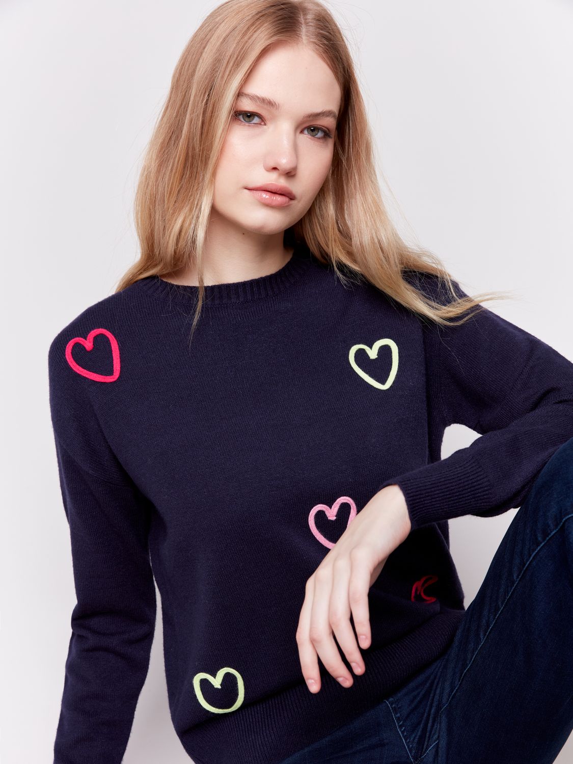 Crew Neck Heart Sweater C2605R/736A, Color: Navy, Size: XS