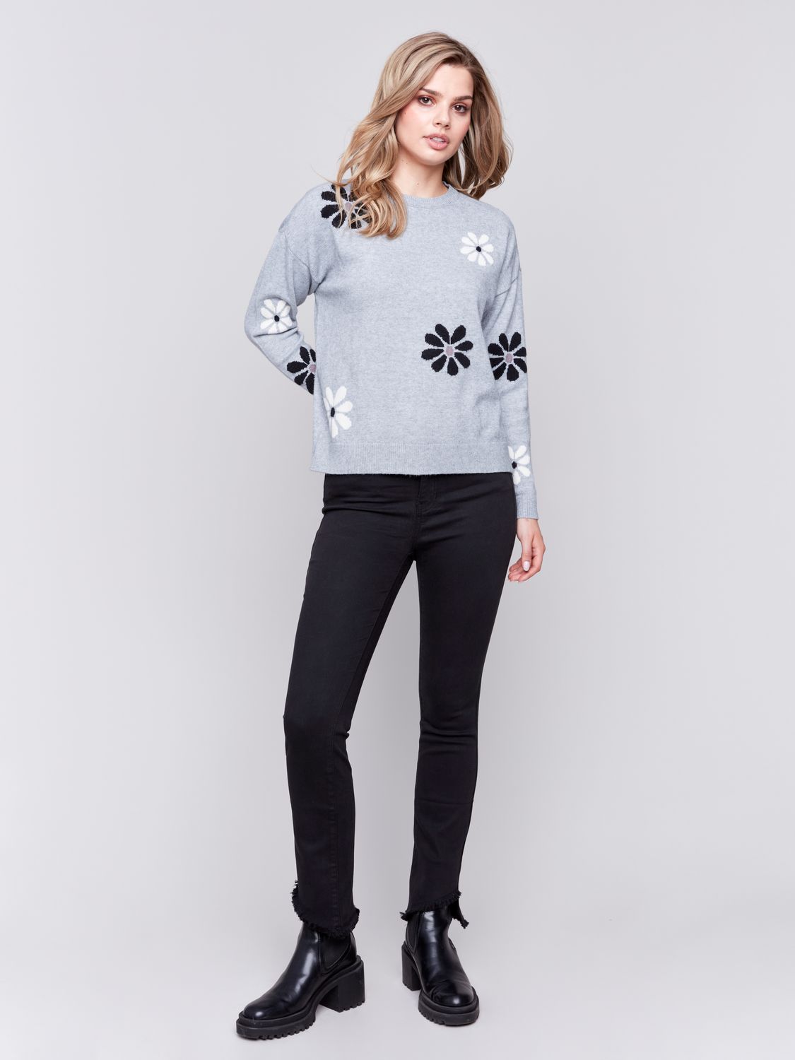 Jacquard Floral Sweater C2526R/736A, Color: Light Grey, Size: XS