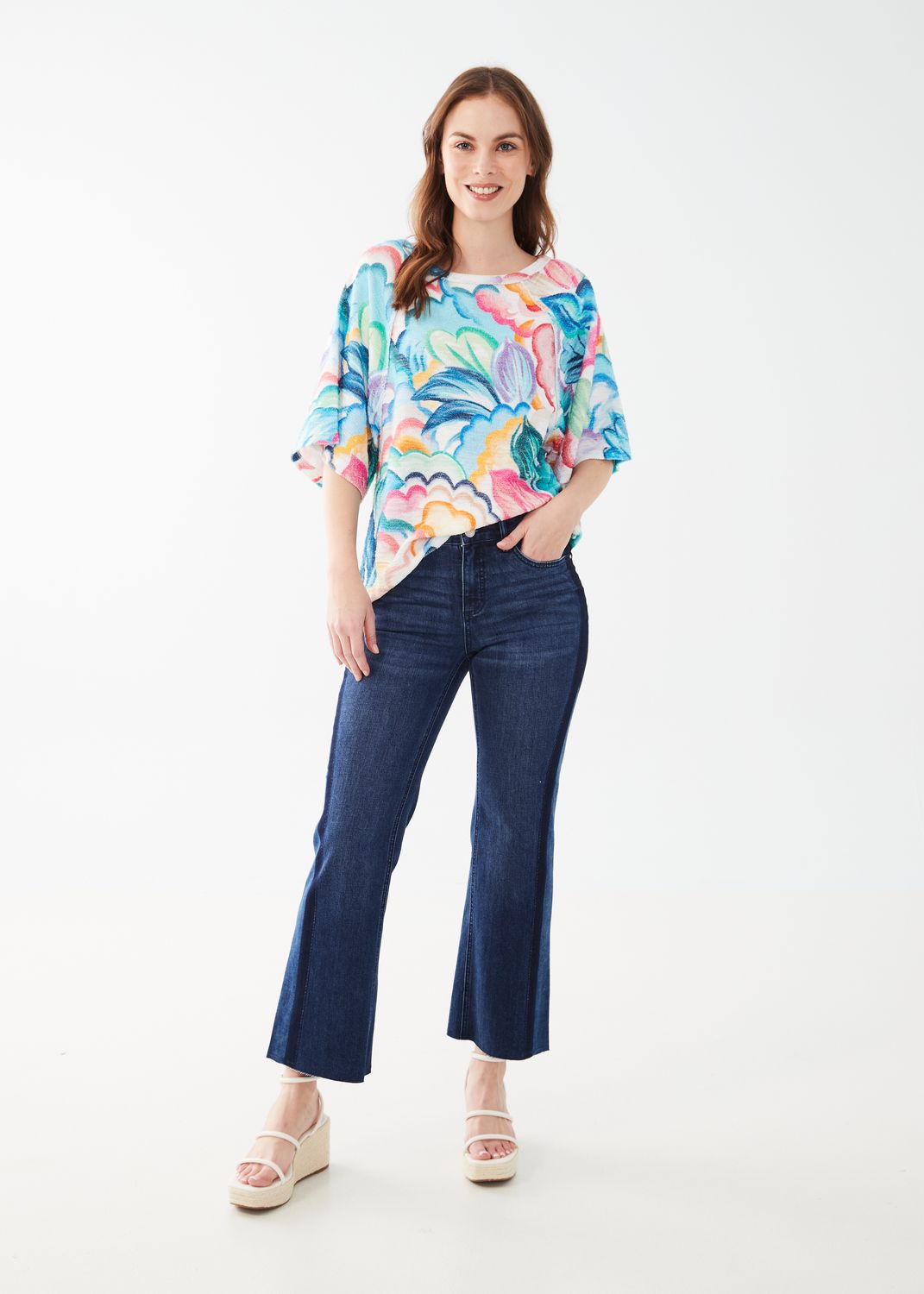 Printed 3/4 Sleeve Raglan Top 3508692, Color: Tropical, Size: S