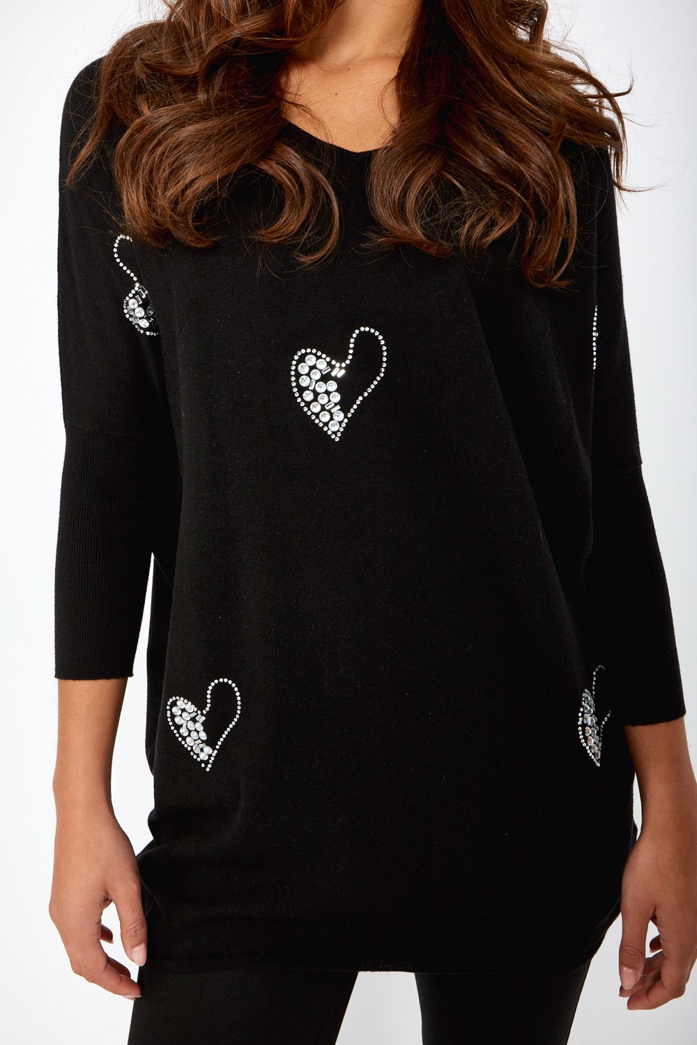 Relaxed Fit Heart Embellished Top Style 243492, Color: Black, Size: XS