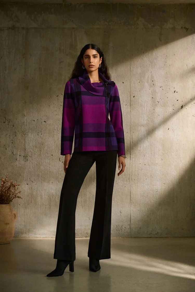 Plaid Jacquard Cowl Neck Sweater 243943 , Color: Empress/Mystic/Black, Size: S