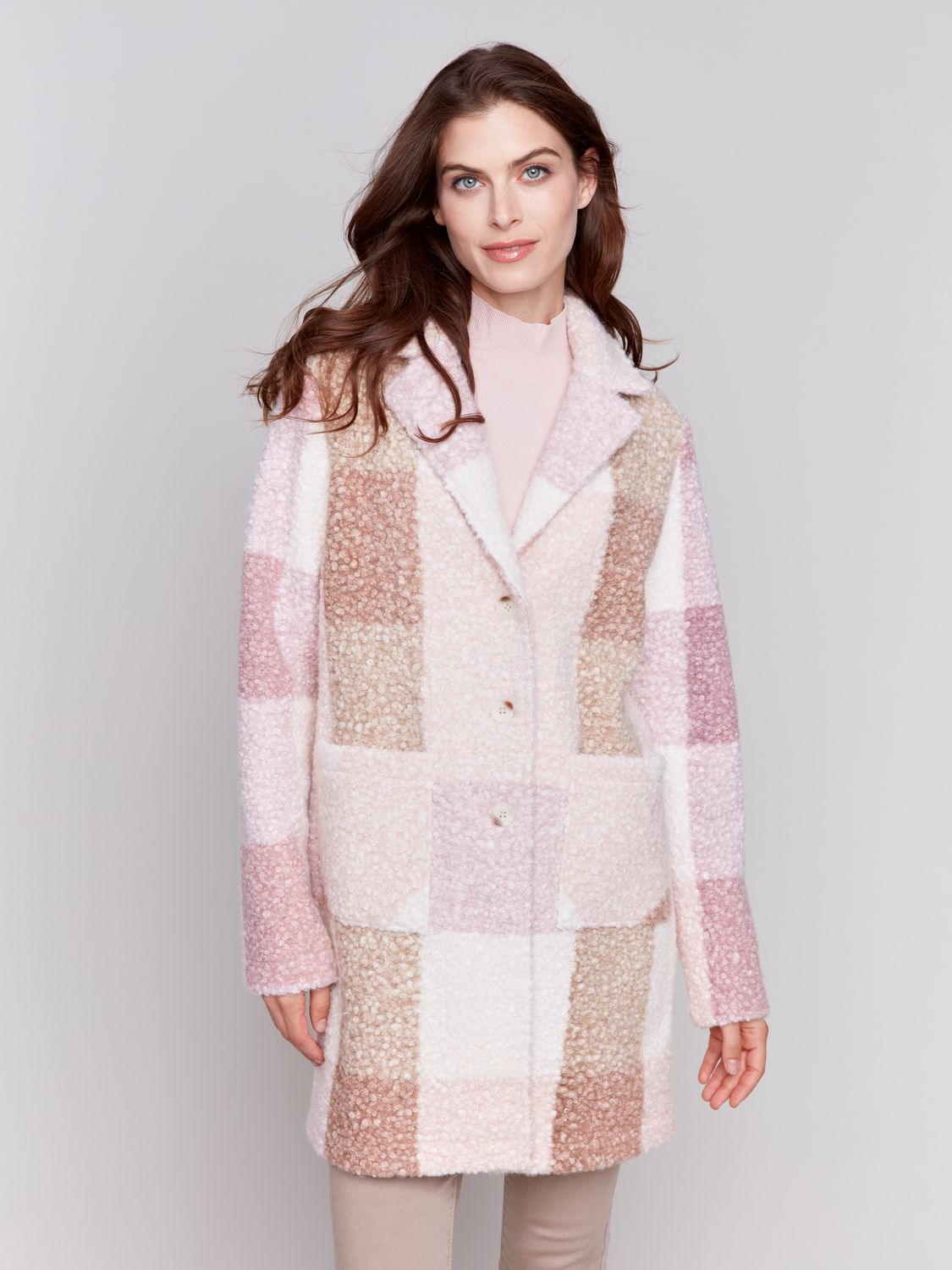 Boucle Knit Tailored Collar Coat C6141Y-707B, Color: Plum P215, Size: XS