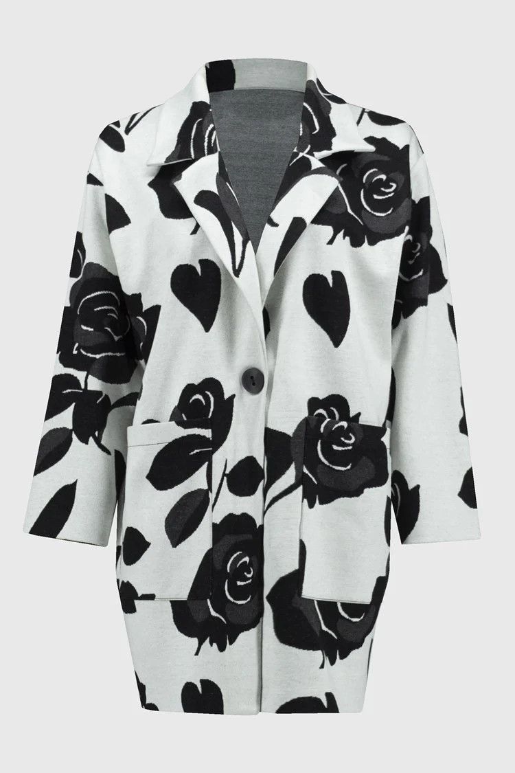 Jacquard Sweater Floral Straight Coat 244099 , Color: Off White/Multi, Size: S