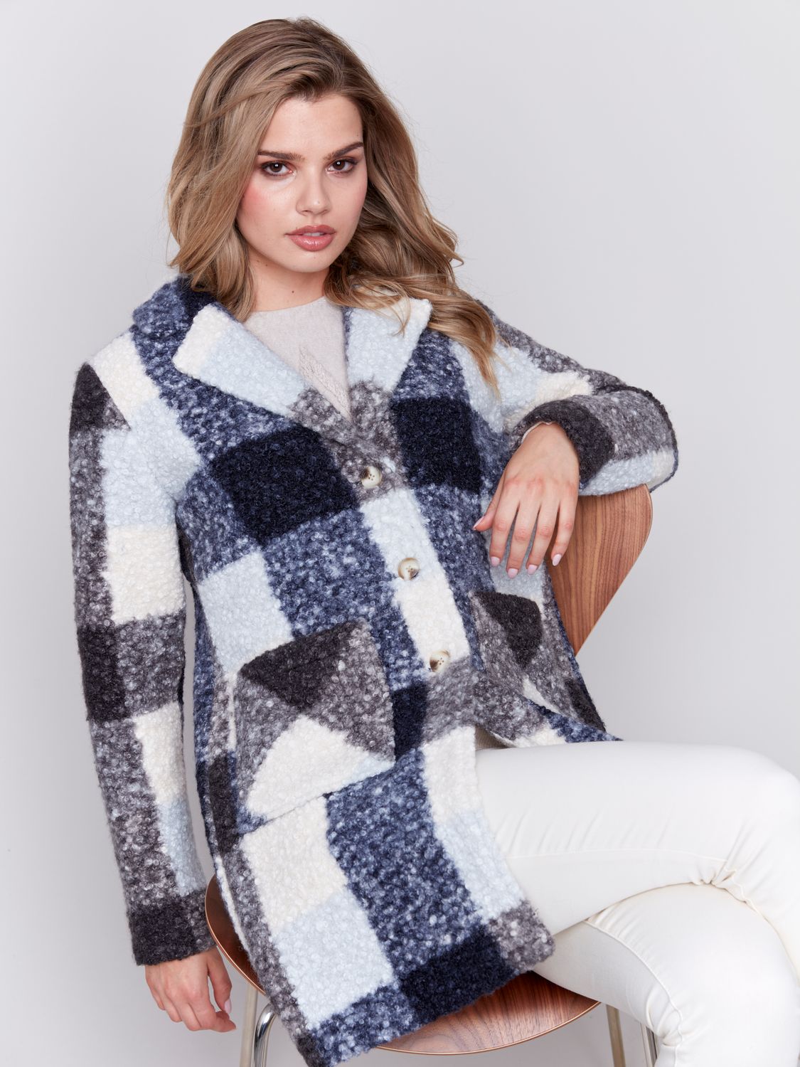 Boucle Knit Tailored Collar Coat C6141Y/707A, Color: Navy P117, Size: XS