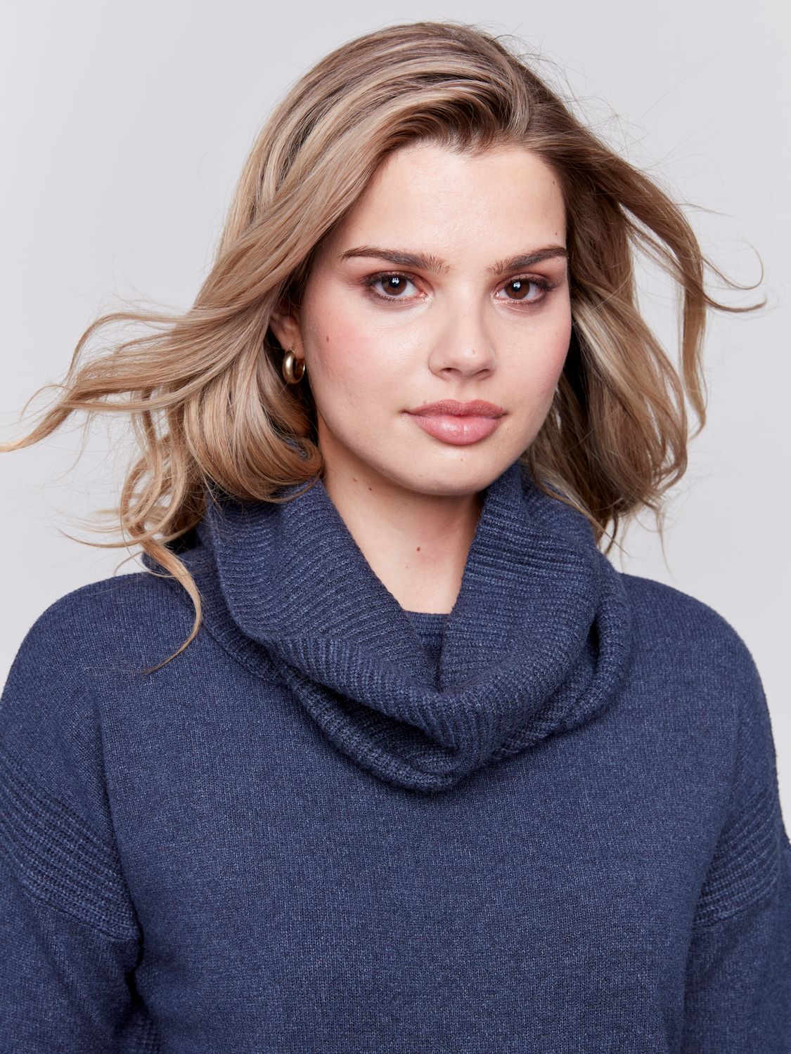 Round Hem Sweater With Removeable Scarf C2420/464A, Color: H Denim, Size: XS