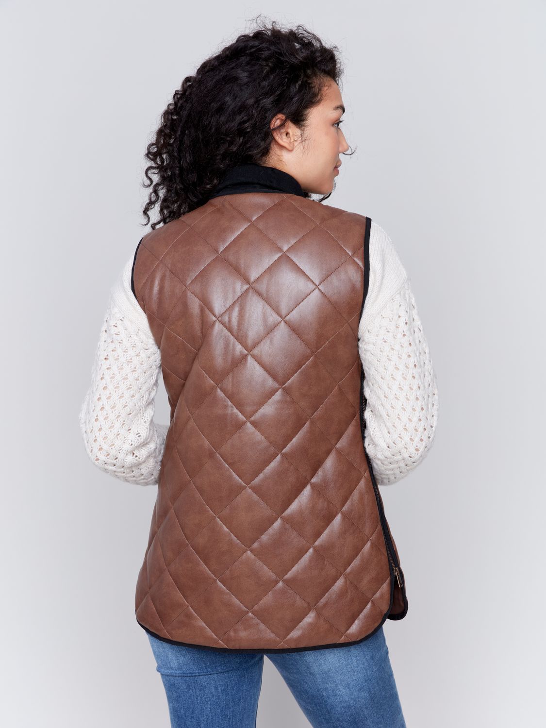 Quilted Faux Leather Vest C6321-945B, Color: Cognac, Size: S