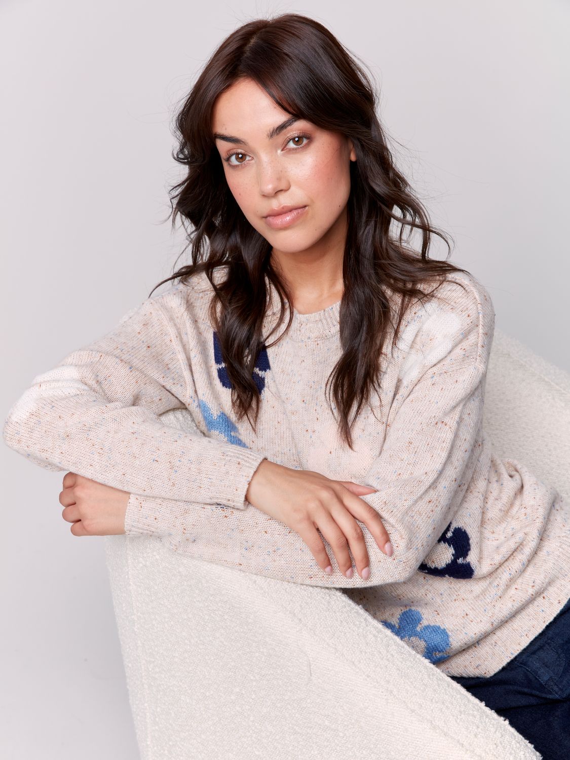 Embroidered Flowers Plushy Sweater C2752/404B, Color: Truffle, Size: XS
