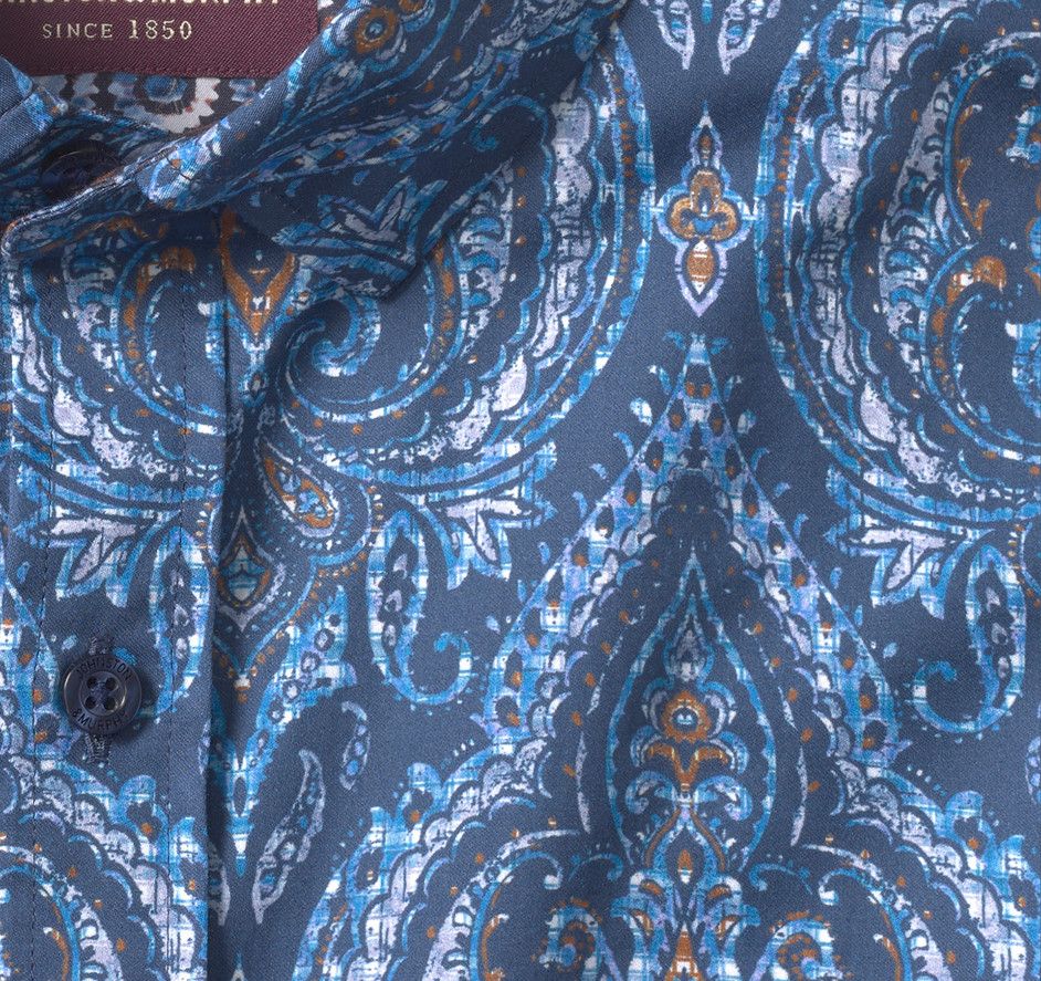 Printed Cotton Shirt 74-9589, Color: Navy Oversized Medallions, Size: M