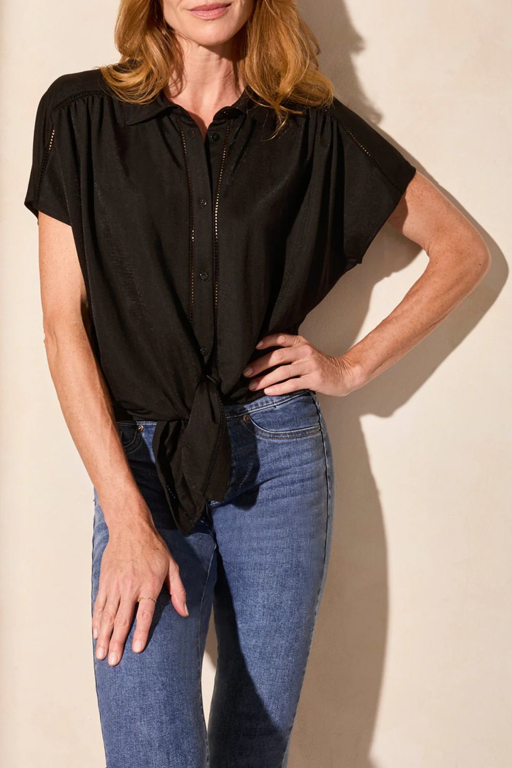 Short Sleeve Top With Buttons &amp; Tie Front 2084O/8133, Color: Black, Size: S
