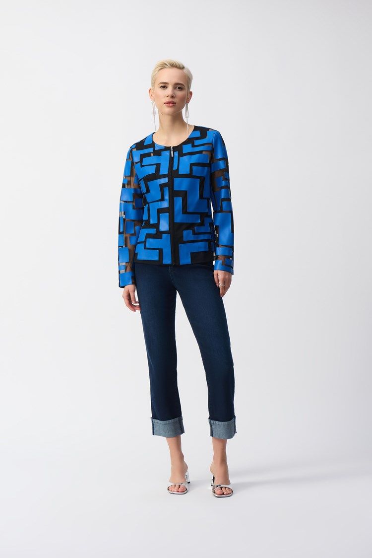 Mesh &amp; Leatherette Fitted Jacket 251932, Color: Coastal Blue/Black, Size: S