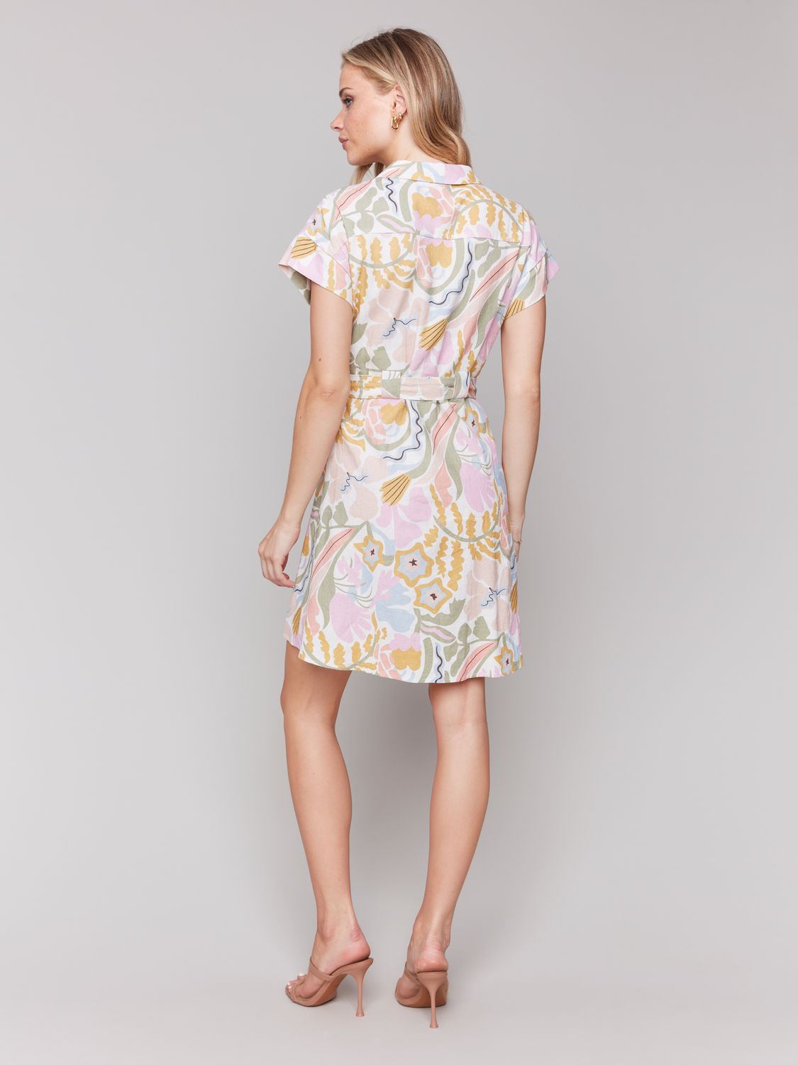 Printed Short Sleeve Button Front Dress C3163R-228, Color: Pastel, Size: S