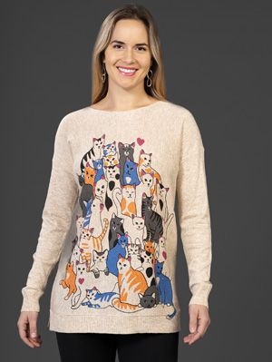Cat Print Sweater V2874, Color: Multi, Size: S