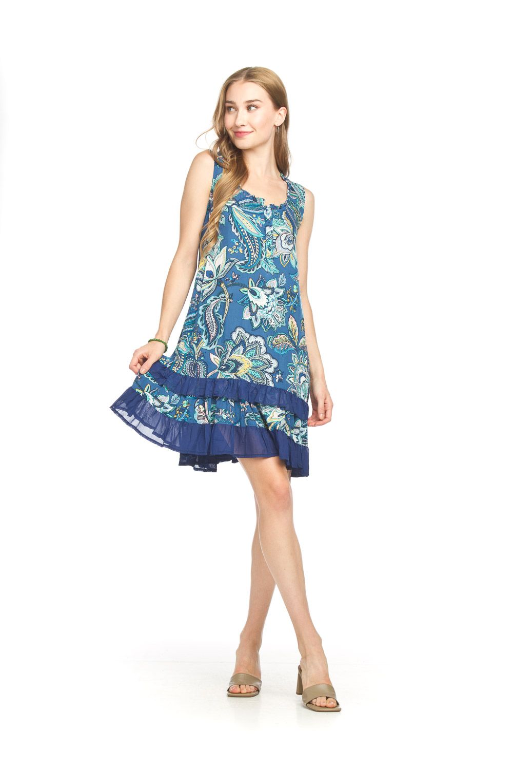 Floral Crinkle Ruffle Hem Dress PD18587, Color: Blue, Size: XS