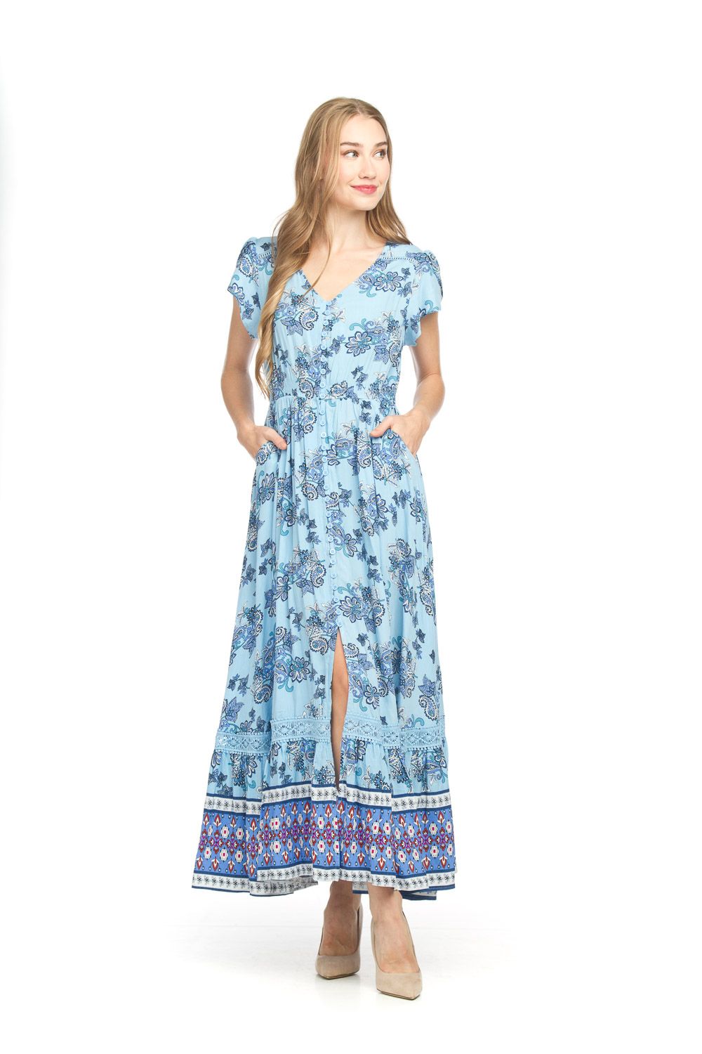 Pasiley Border Print Dress PD-18612, Color: Blue, Size: XS
