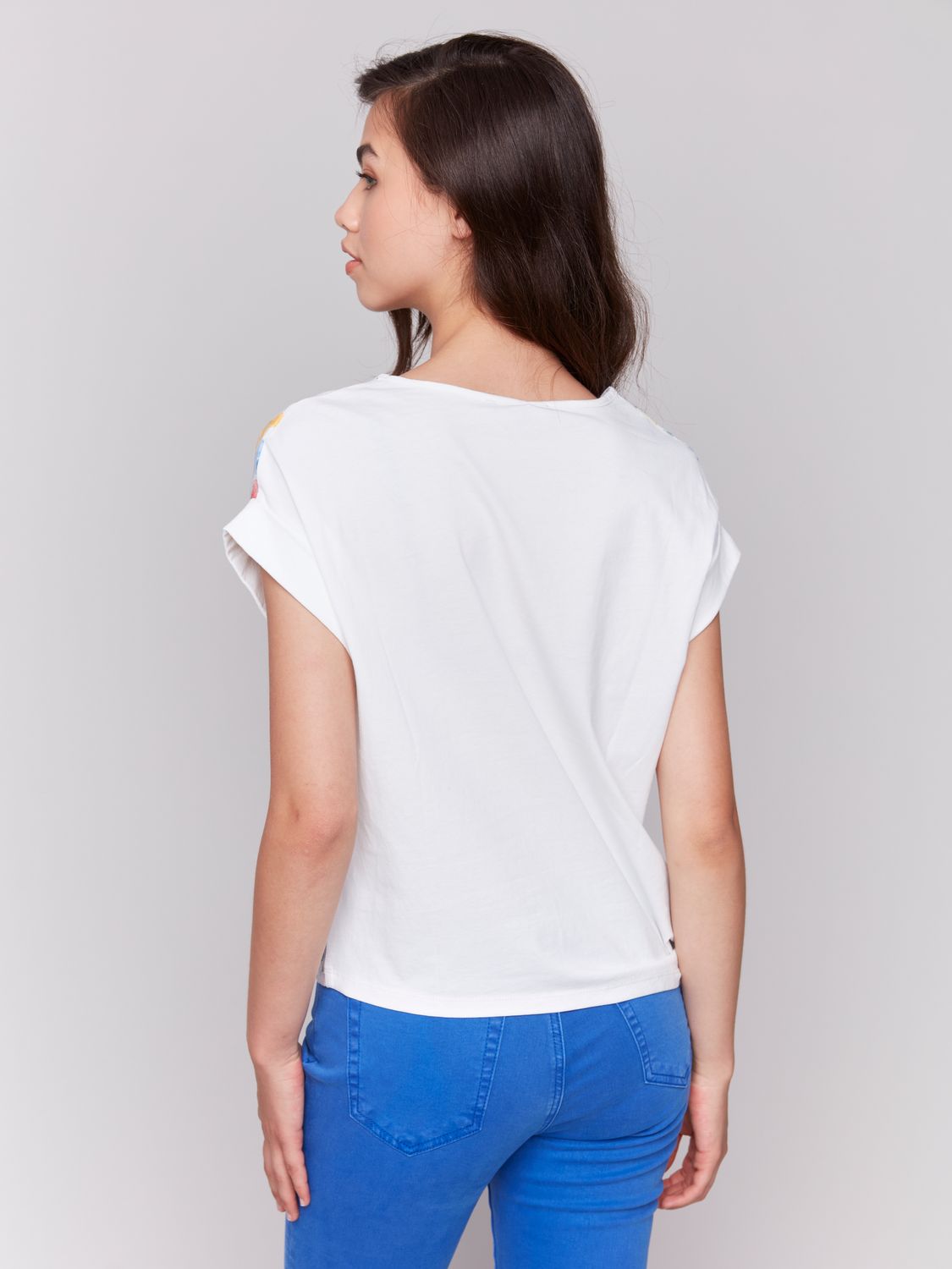 Printed Round Neck Jersey Linen Combo Front Tie Shirt C4483R/787A, Color: Flowers, Size: XS
