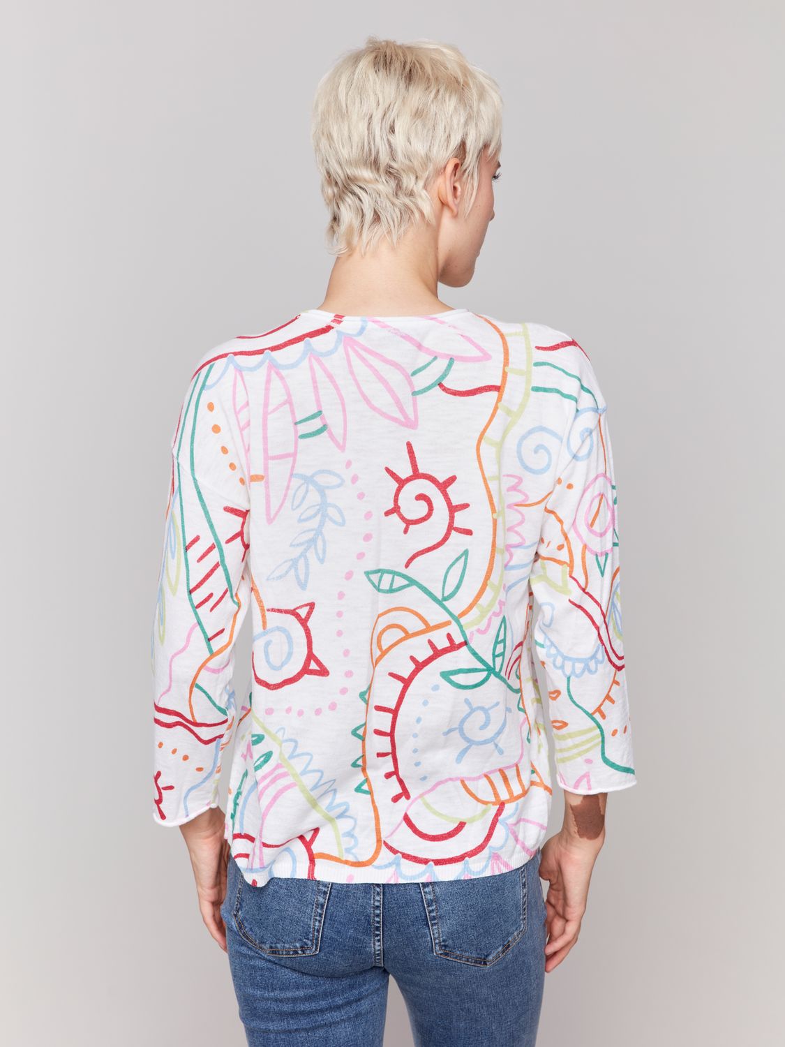 Printed Crew Neck Drop Shoulder Sweater C2639PR/261B, Color: Multicolor, Size: S