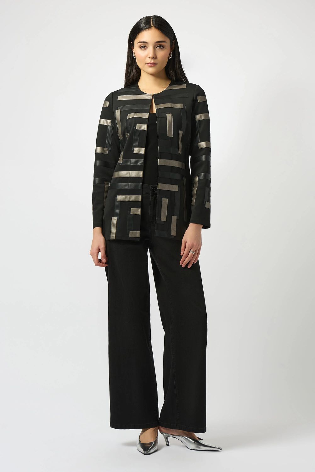 Scuba &amp; Leatherette Collarless Jacket 253929, Color: Black/Multi, Size: S