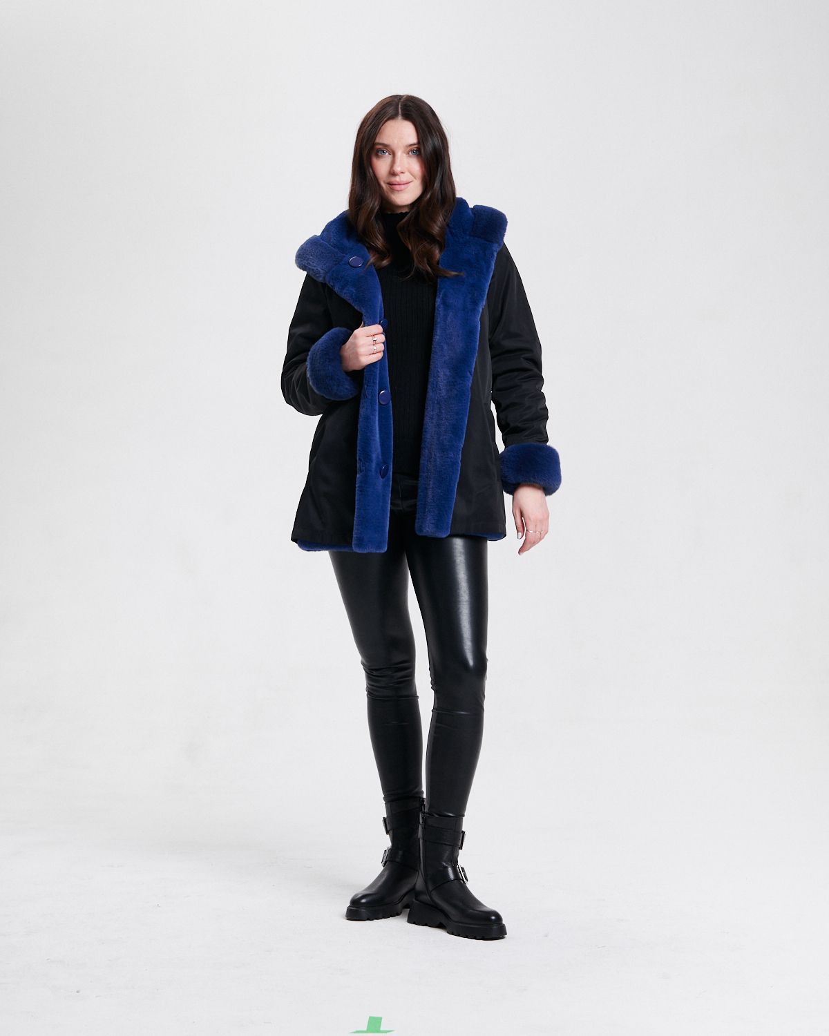 Reversible Hooded Fur Coat 8130-376, Color: Saphire, Size: S