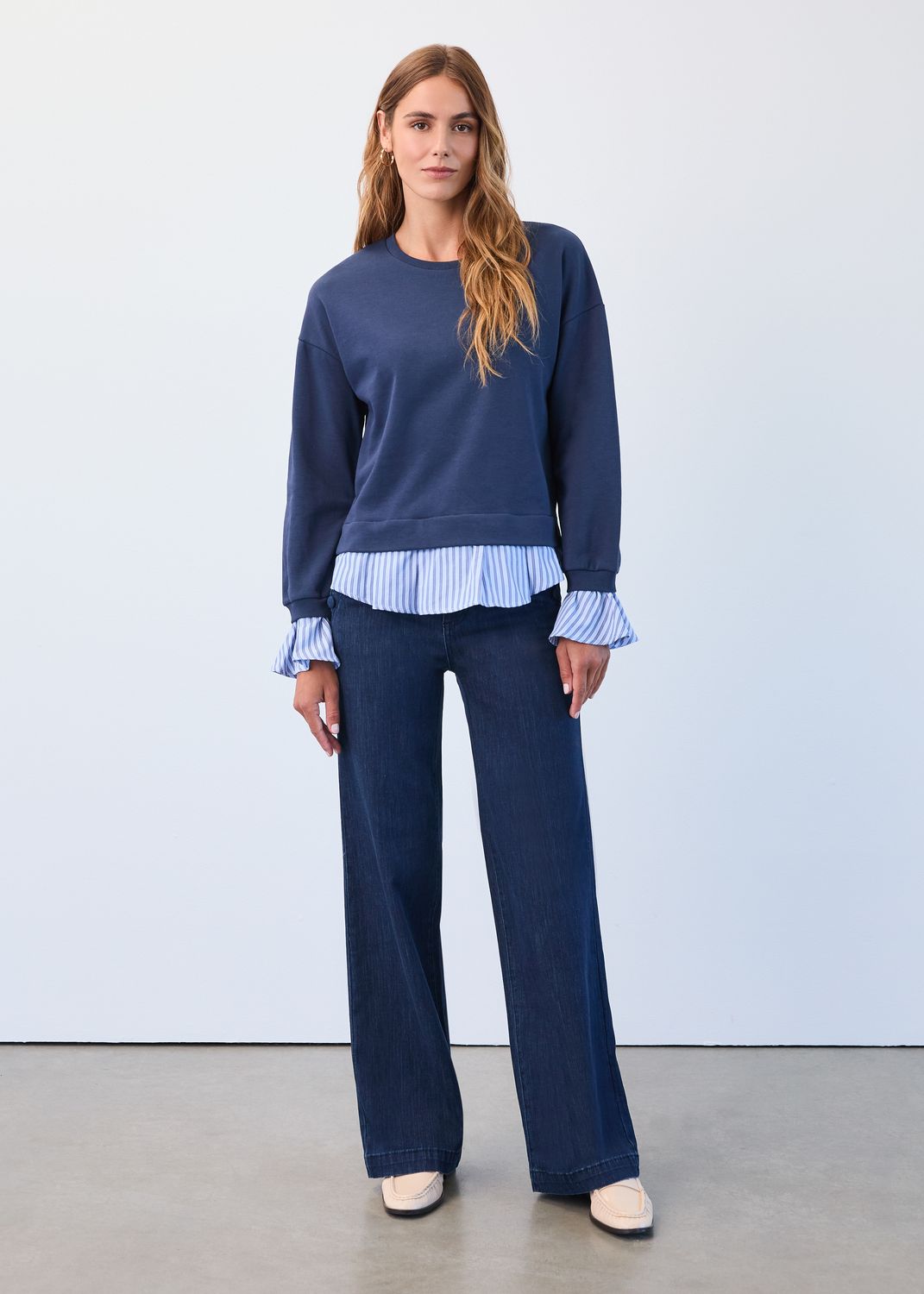 Long Sleeve Two-For Sweater 3750987, Color: Navy, Size: S