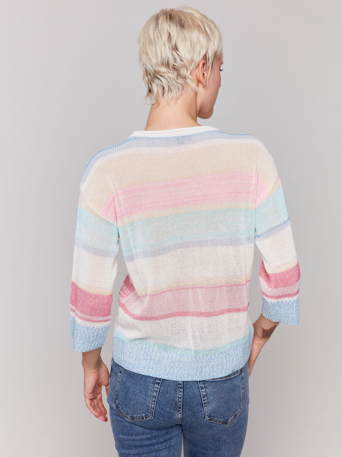 Striped 3/4 Sleeve Crew Neck Jersey Sweater C2787/184C, Color: Pastel, Size: XS