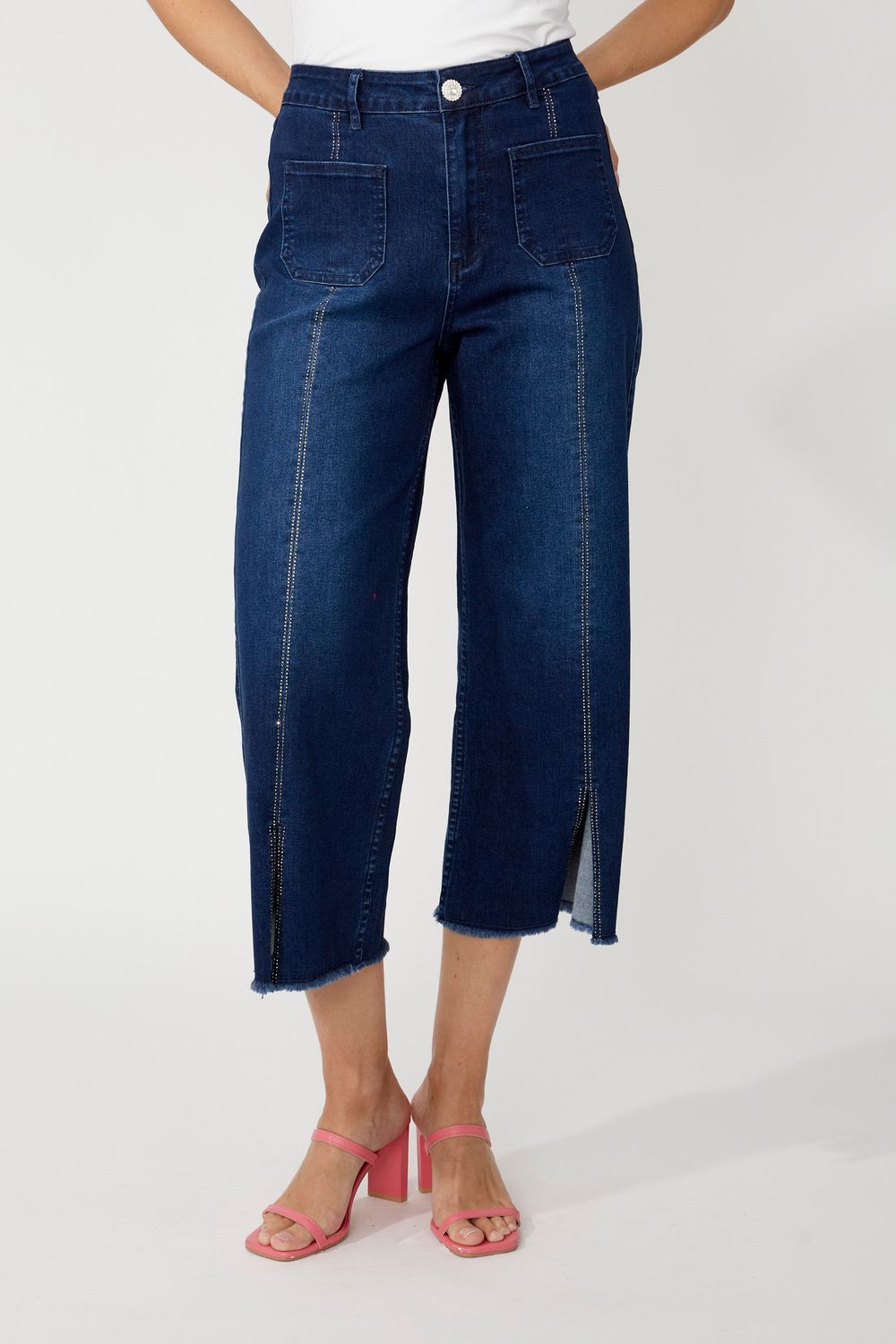 High-waisted Cropped Trousers Style 256797u, Color: Blue, Size: S