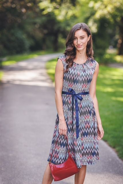 Cheveron Stretch Printed Dress PD-18554, Color: Navy, Size: S