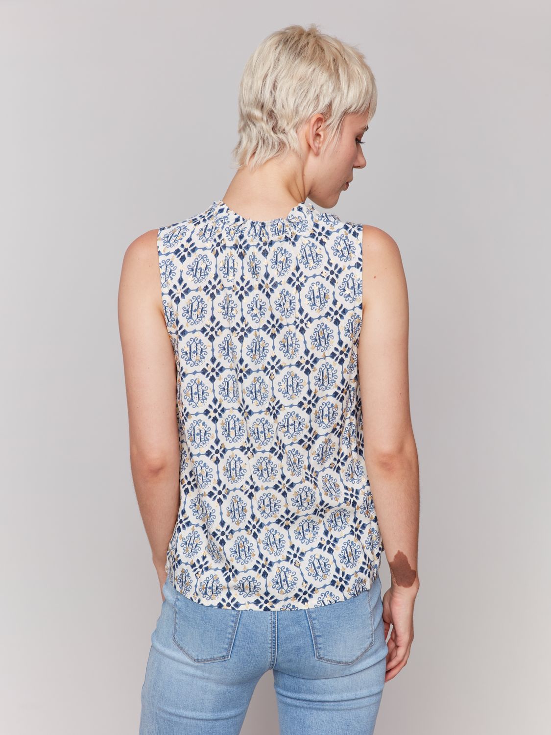 Printed Sleeveless Blouse With Ruffle Collar C4529RP/510B, Color: Ornament, Size: XS