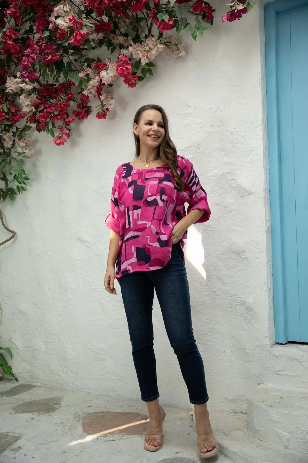 Abstract Short Sleeve Top NV-3811 , Color: FUCHSIA, Size: S/M