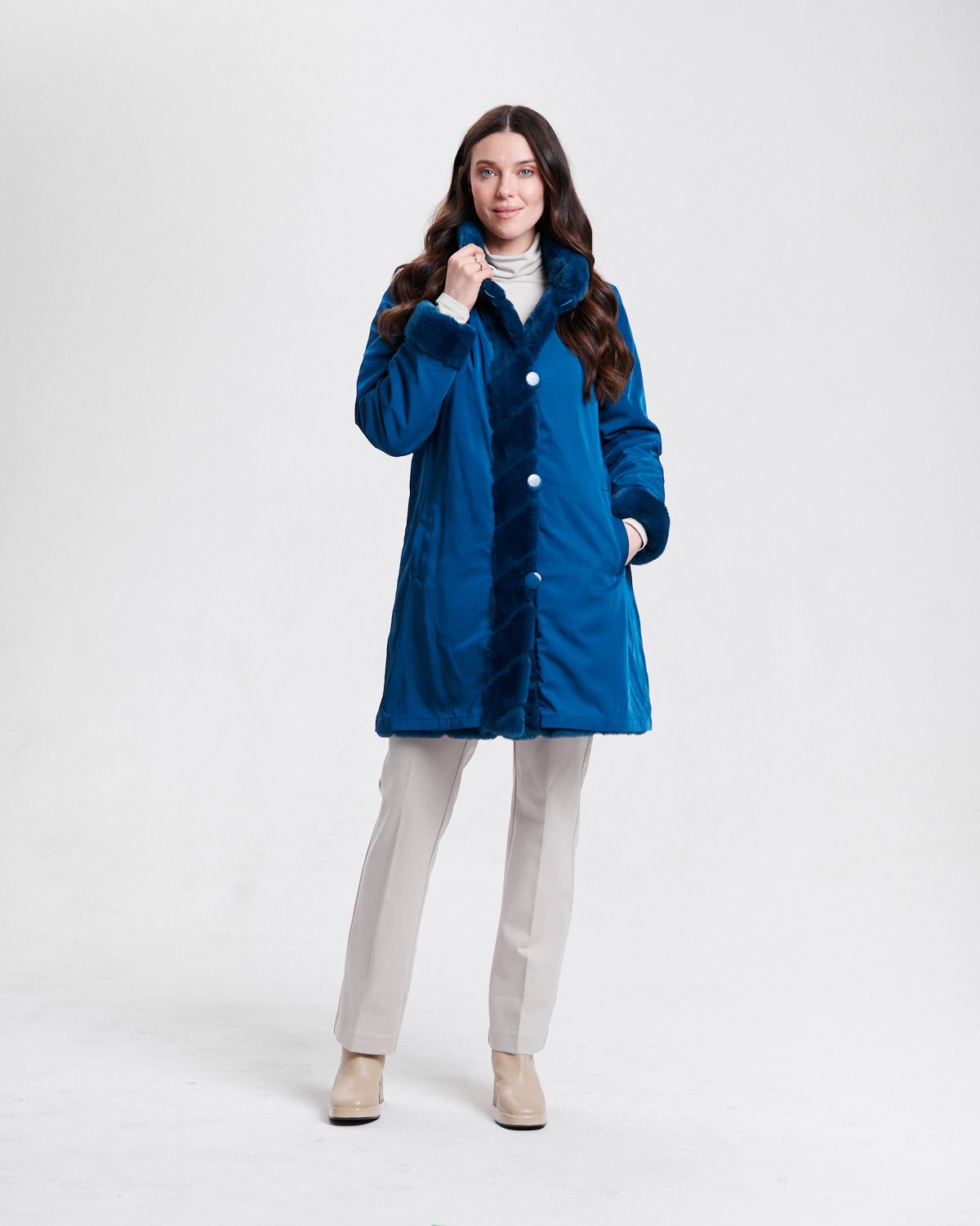 Reversible Fur Long Coat 8129-376, Color: Teal, Size: S