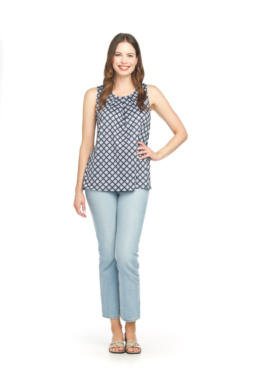 Geo Printed Stretch Top PT-18046, Color: Navy, Size: XS