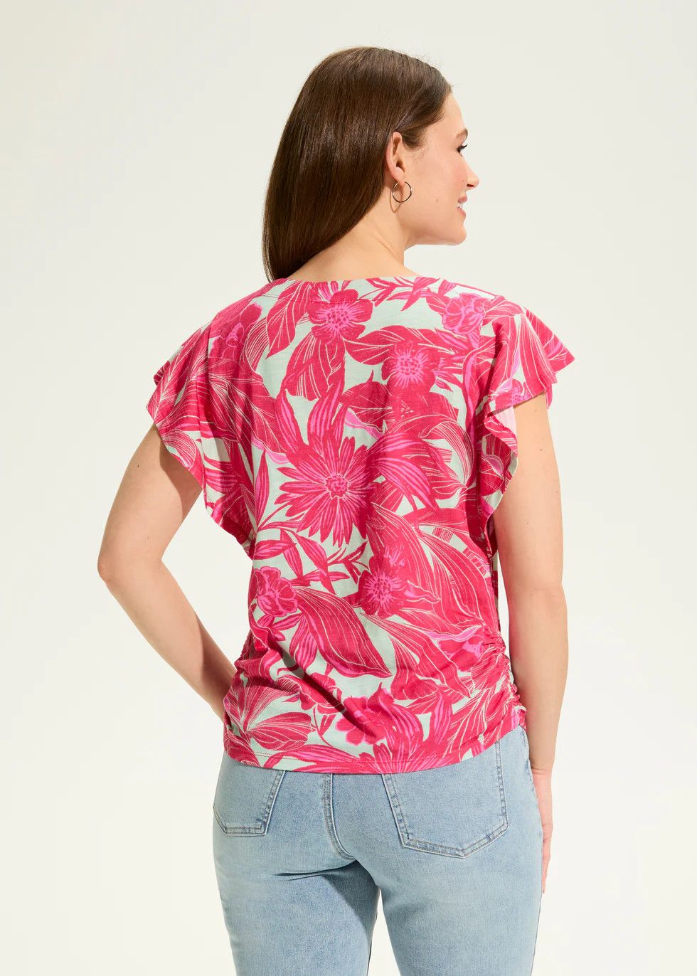 Flutter Sleeve Side Ruche Top 3755476, Color: Blooming, Size: XS