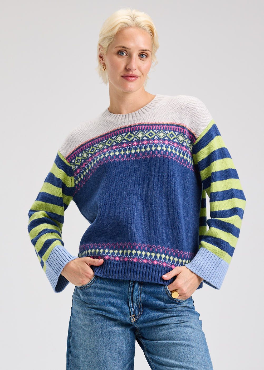 Fairisle Sweater ZP7501U, Color: Denim Mix, Size: XS