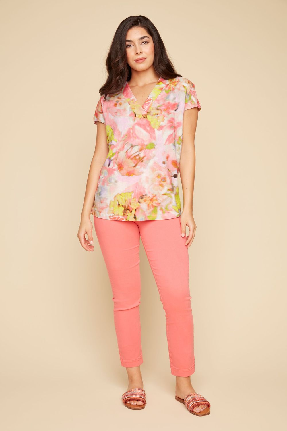 Woven Linen Blouse R5179 454, Color: Lime Combo, Size: XS