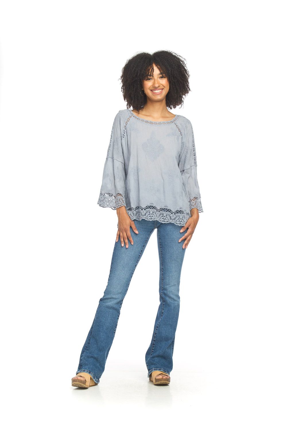 Embroidered Bell Sleeve Blouse PT-18036, Color: Perwinkle, Size: S