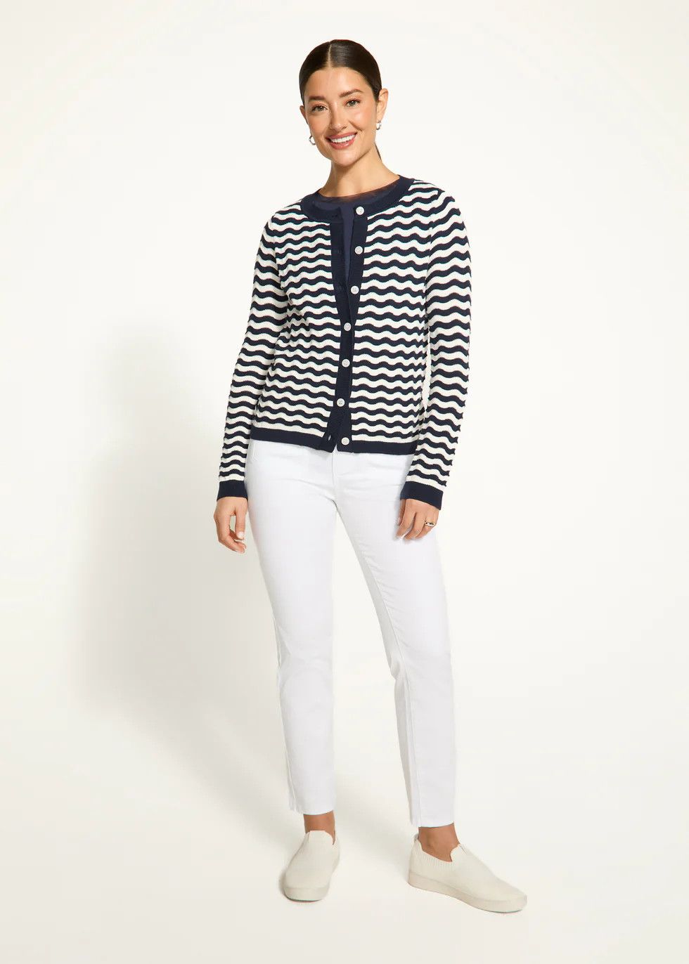 Wave Stitch Cardigan 118464, Color: Navy/White, Size: S