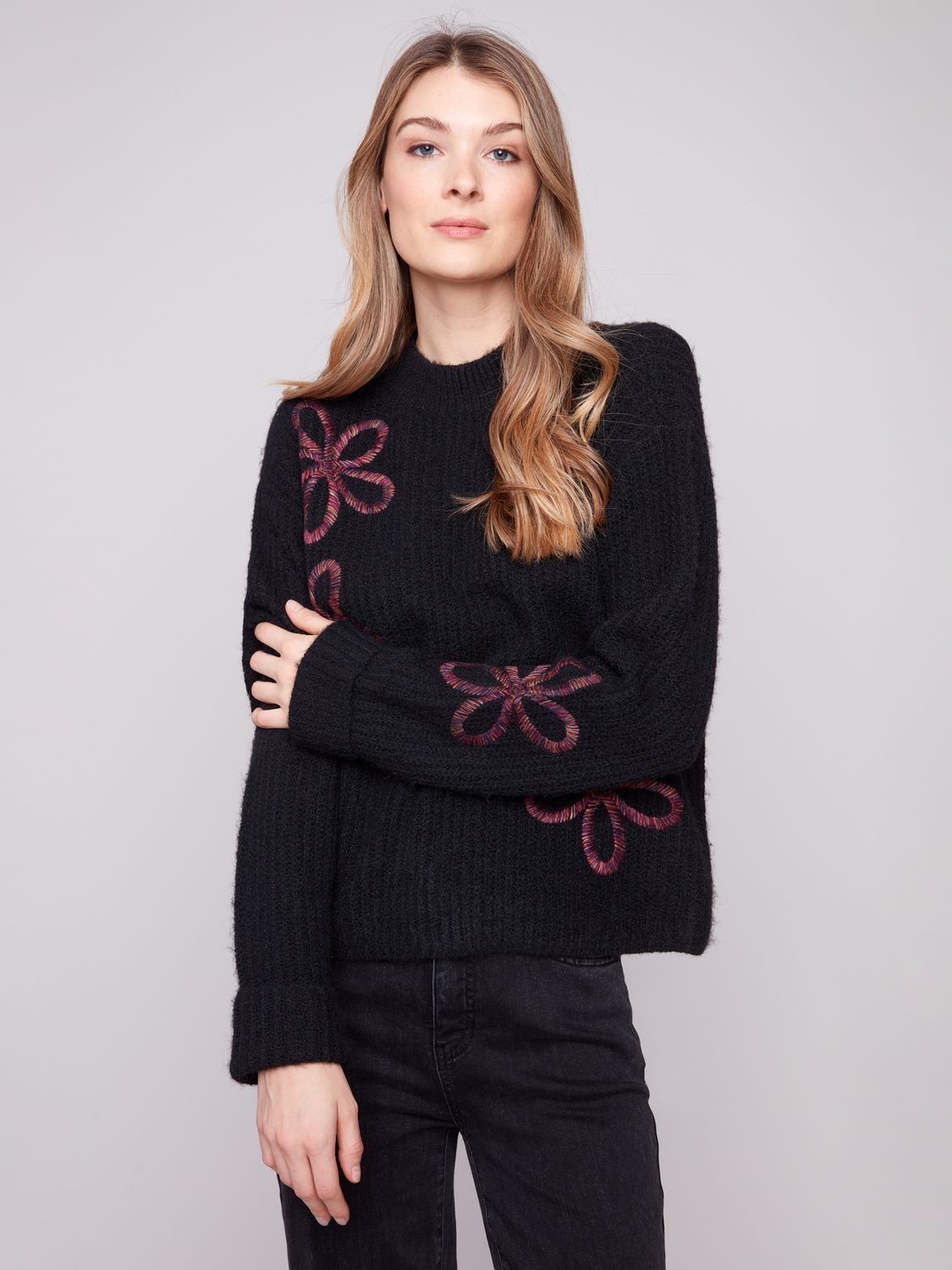 Mock Neck Seater With Embroidered Flowers C2876/985B, Color: Black, Size: XS