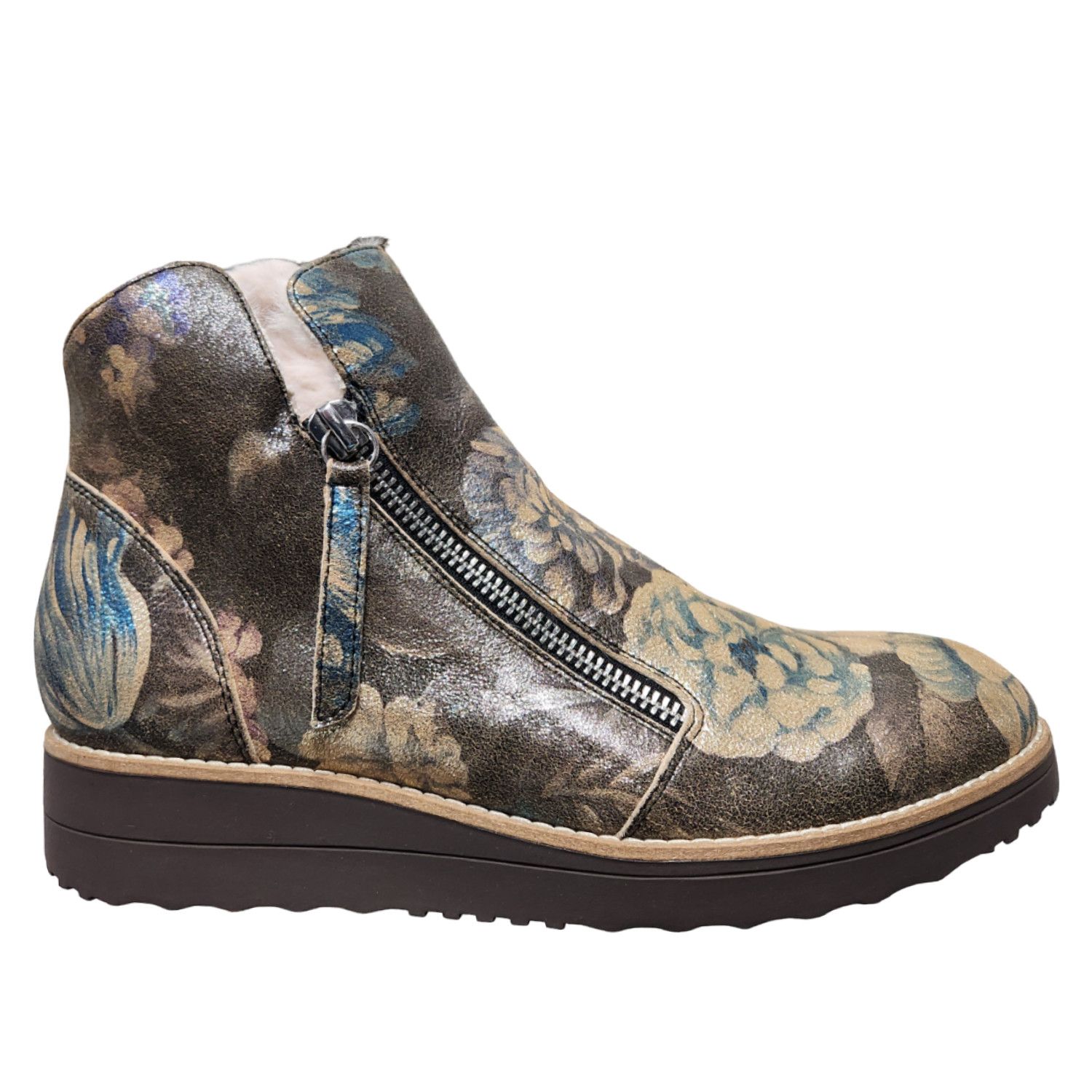Opal Double Zipper Fur Lined Boot , Color: Blue Metal Floral Leather, Size: 36