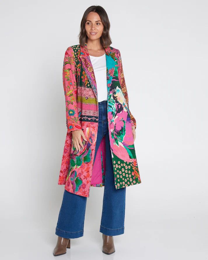 Digital Printed Long Coat 62-740, Color: Floral, Size: S