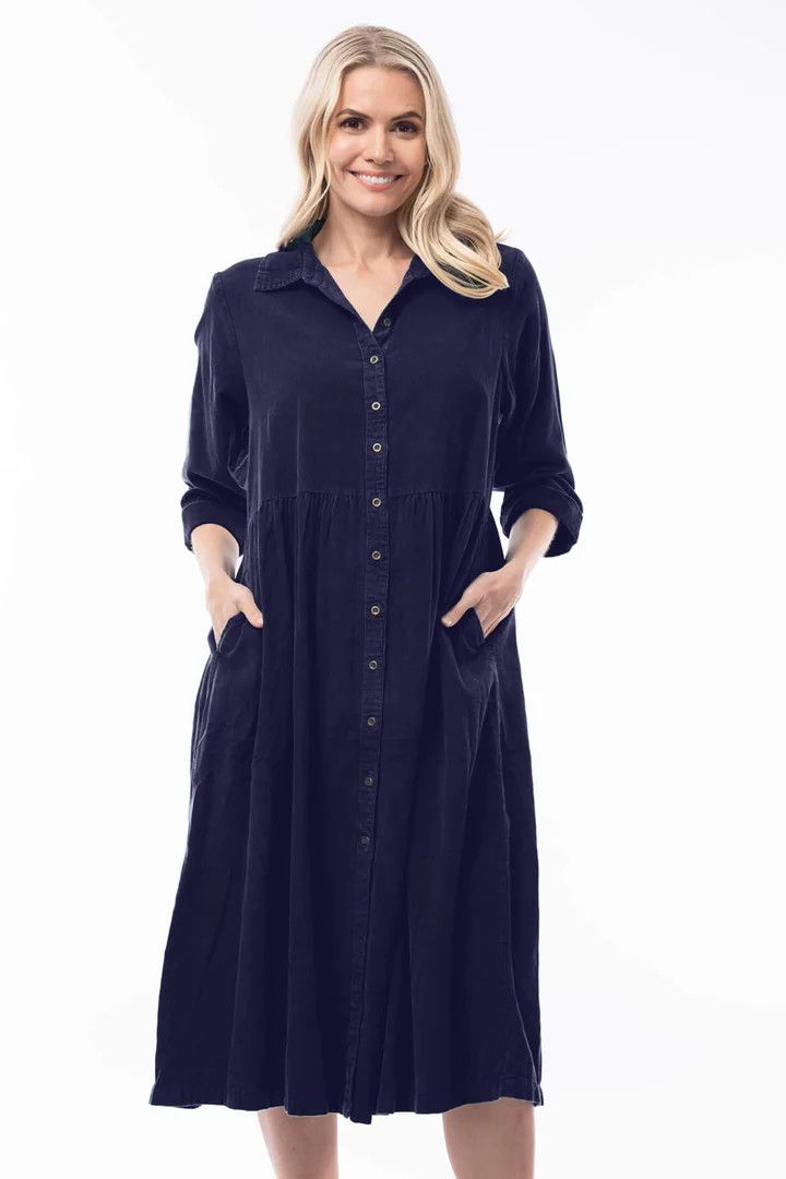 Corduroy Collared Dress 20070, Color: Navy, Size: X